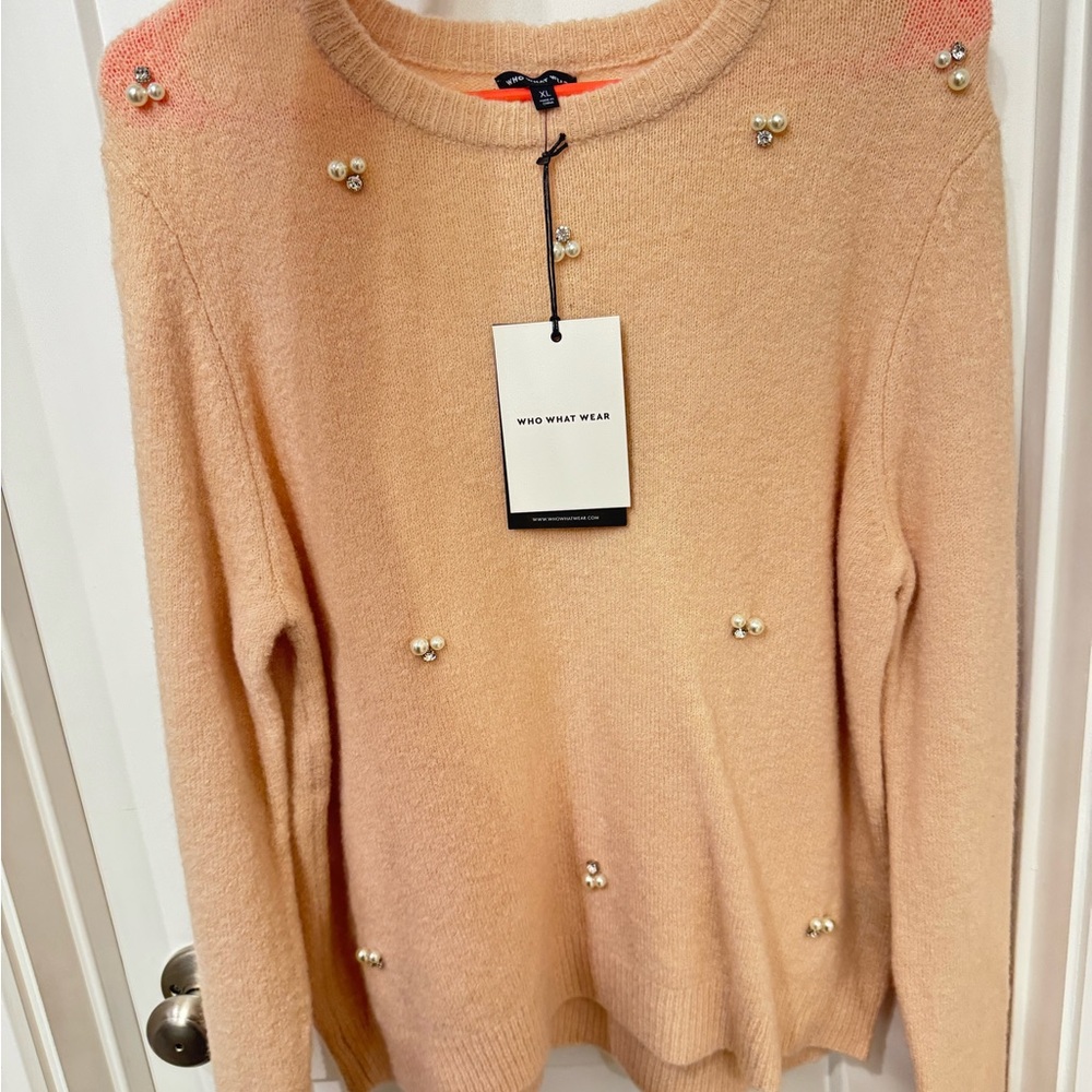 Who What Wear Peach Sweater with Pearl Details